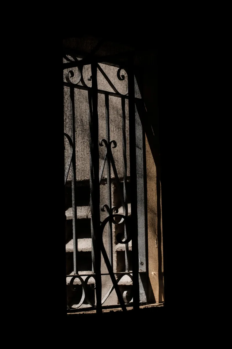 Grille en fer forgé noir en silhouette à contre-jour, barreaux droits et petites volutes d'accent
